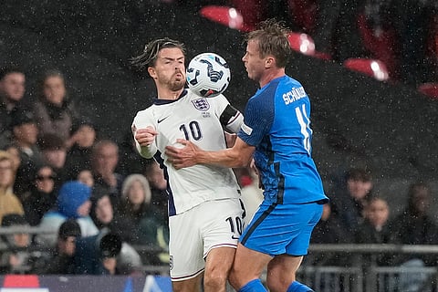 UEFA Nations League, England vs Finland: England's Jack Grealish, left, and Finland's Rasmus Schuller vie for the ball
